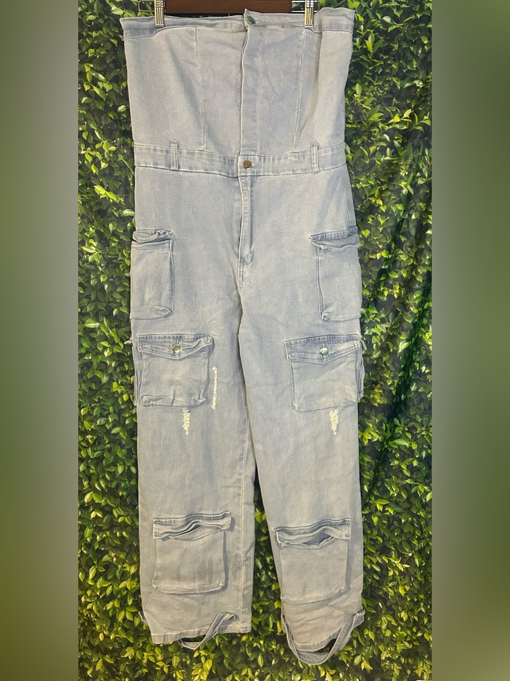 Light Blue Strapless Cargo Jumpsuit for Women